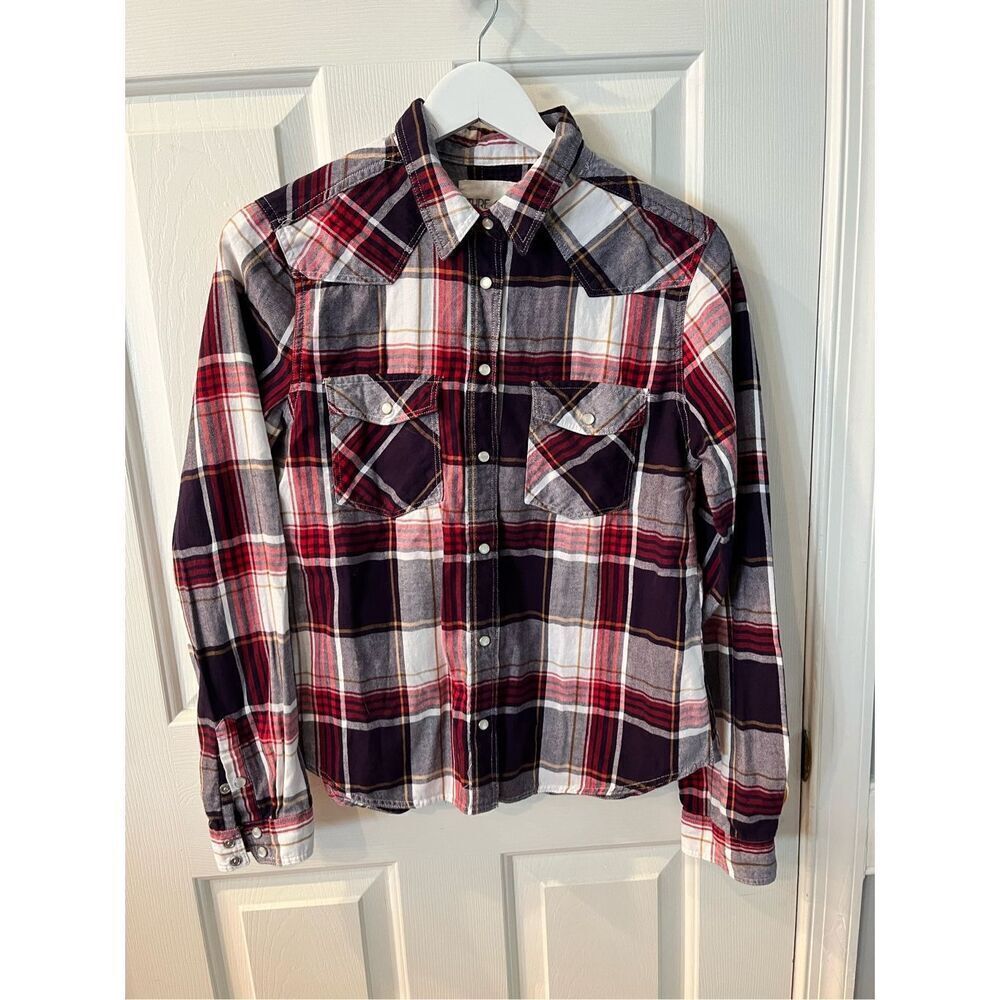 Thread & Supply Red & Black Plaid Flannel Pearl Snap Button Down Shirt sz S EUC